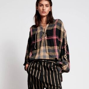 One Teaspoon Washed Check Linen Carousel Shirt‎ Lace -up